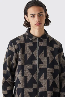 boohooMAN Zip Through Brushed Geometric Overshirt | UK| Shirts