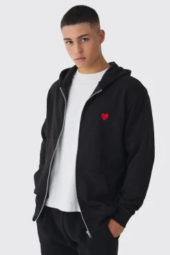 boohooMAN Zip Through Heart Embroidered Hoodie | UK| Hoodies & Sweatshirts